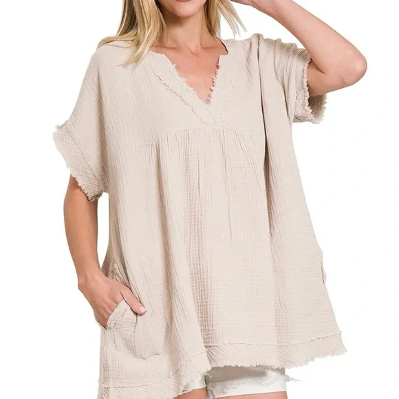 Zenana Gauze Top BONE NEW  gauzy cotton Short Sleeve - Picture 2 of 5